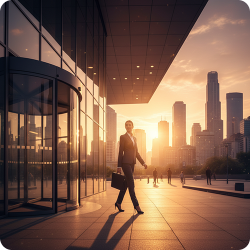 Professional walking toward a career opportunity at sunset